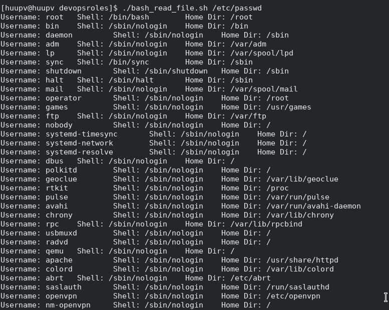 Bash read file line by line