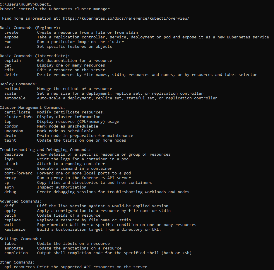 Confirm kubectl command on windows.