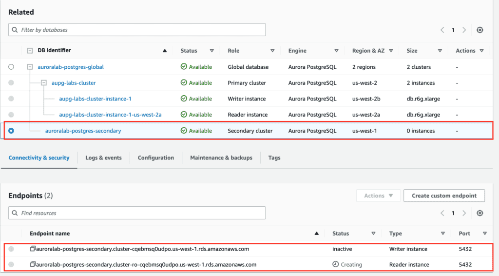 create the secondary aurora cluster