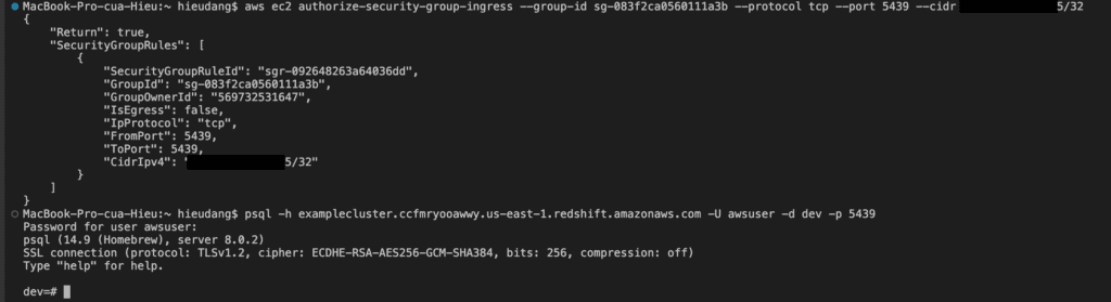 Connect to the Redshift cluster use PSQL