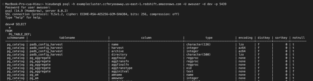 Connect to the Redshift cluster use PSQL