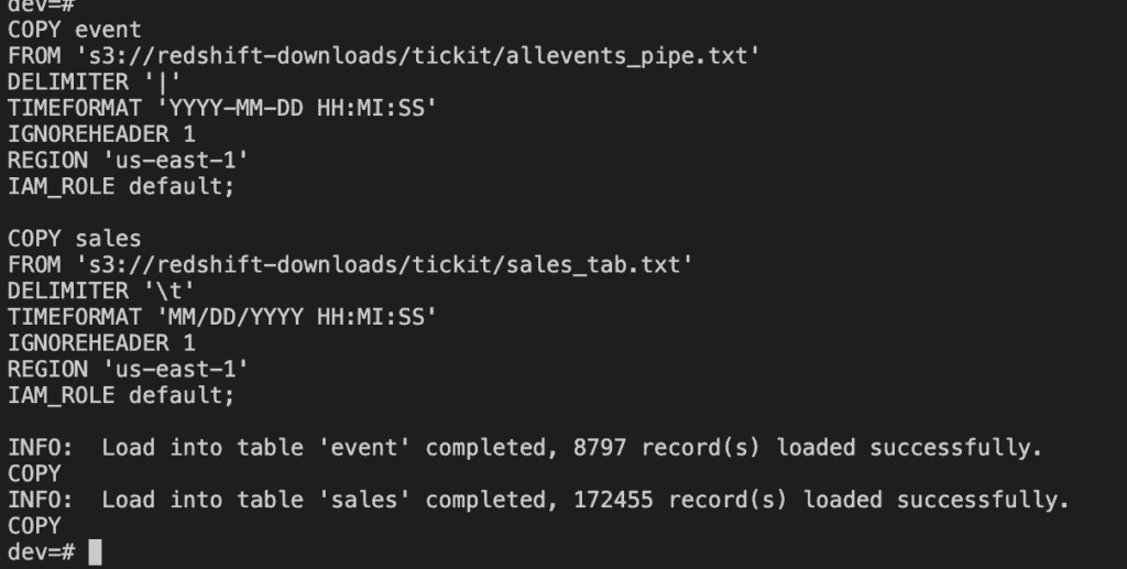 Loading sample data from S3 to Redshift with PSQL