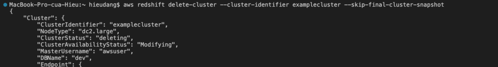 Delete the sample cluster use AWS CLI