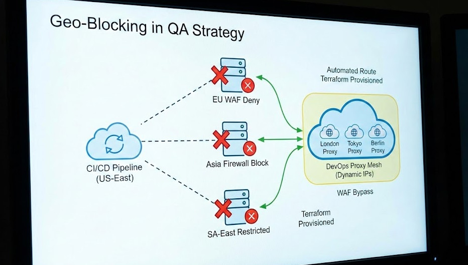 Geo-Blocking in QA A DevOps network architecture map