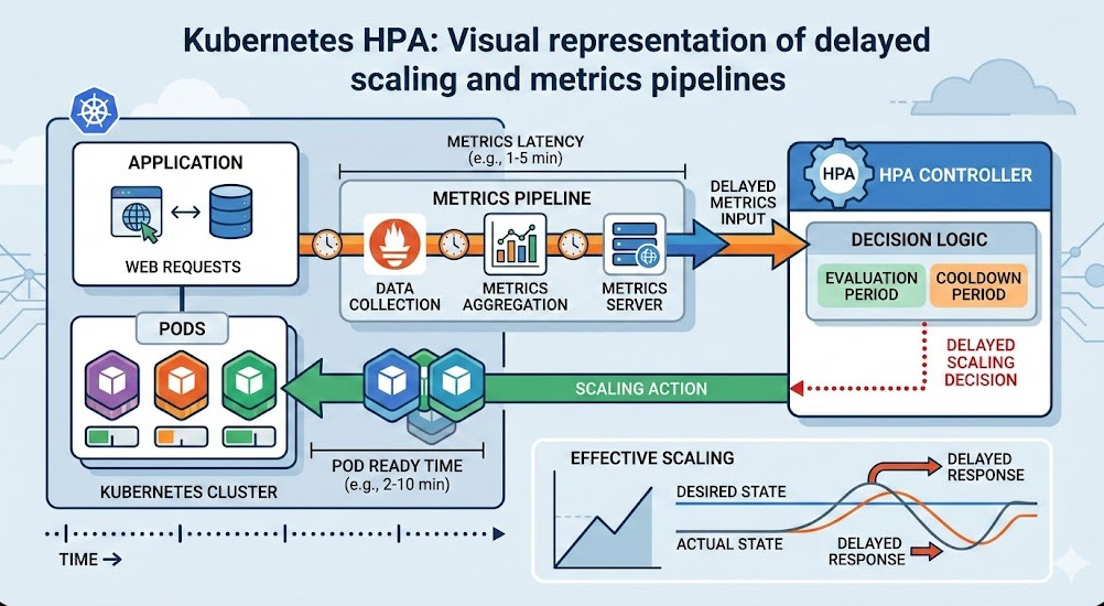 Kubernetes HPA Visual representation of delayed scaling and metrics pipelines