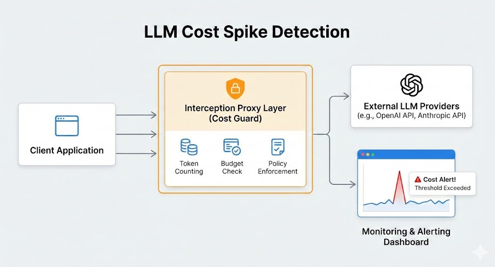 LLM Cost Spike Detection Architecture diagram showing proxy interception