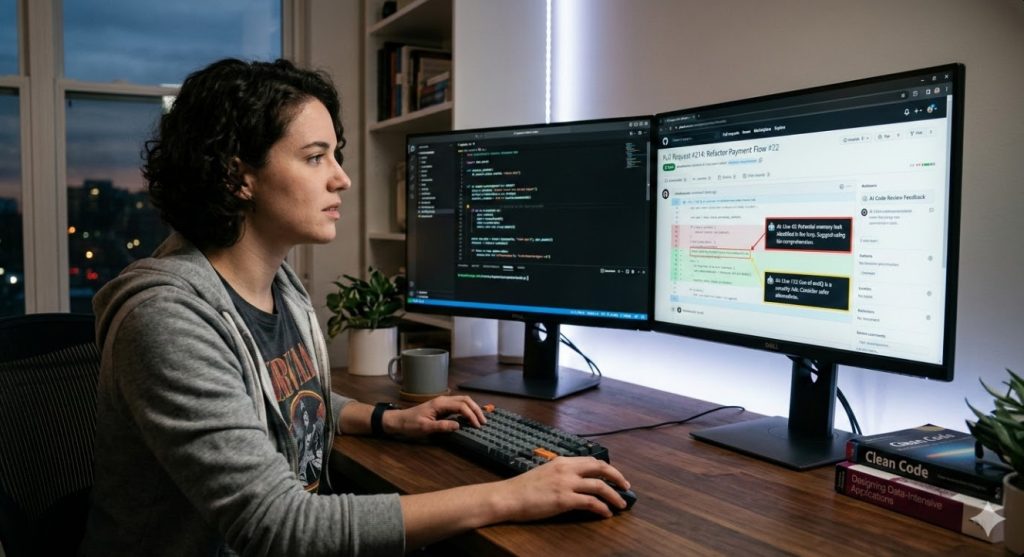 AI for code review: Developer looking at automated PR feedback on dual monitors