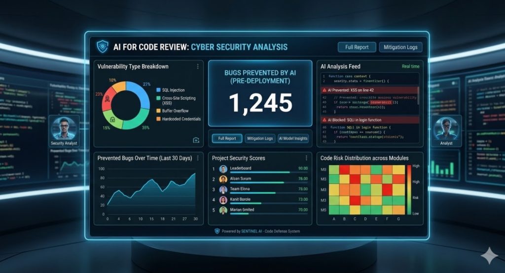 AI for code review Cyber security analysis dashboard showing prevented bugs