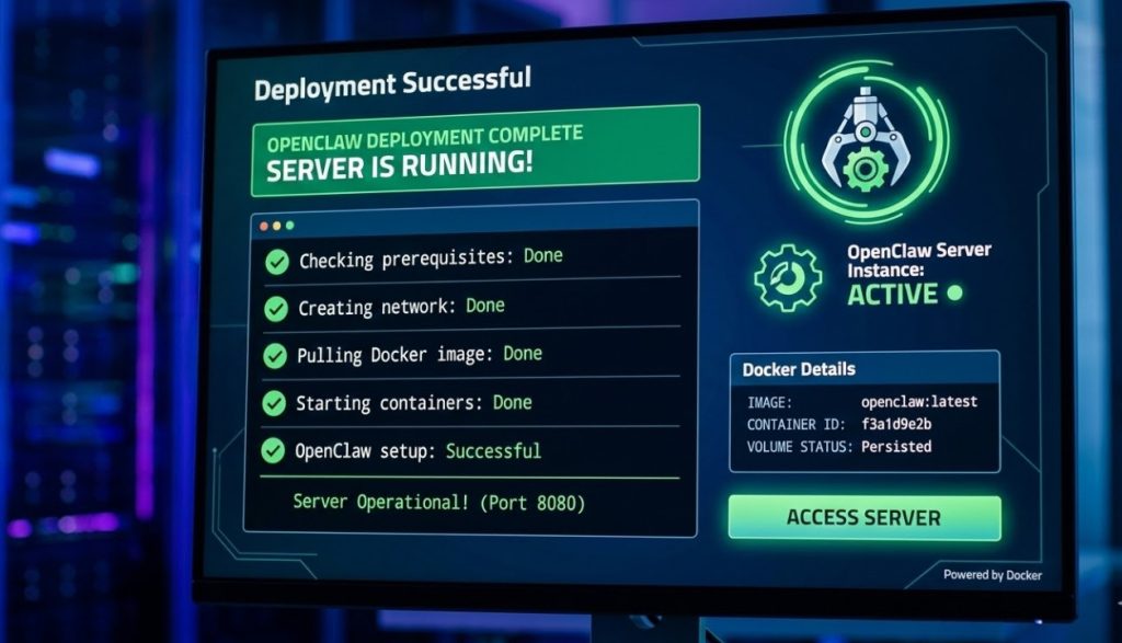 Deploy OpenClaw with Docker Final success screen showing a running server