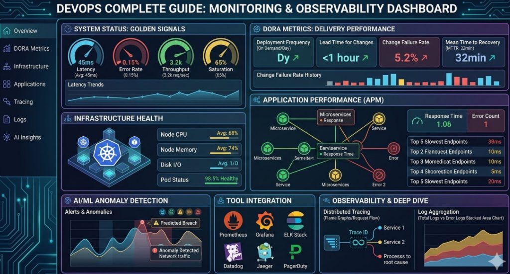 DevOps Complete Guide A dashboard showing monitoring and observability metrics