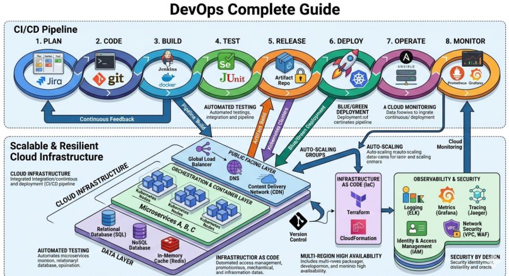DevOps Complete Guide A visual representation of a CICD pipeline and cloud infrastructure