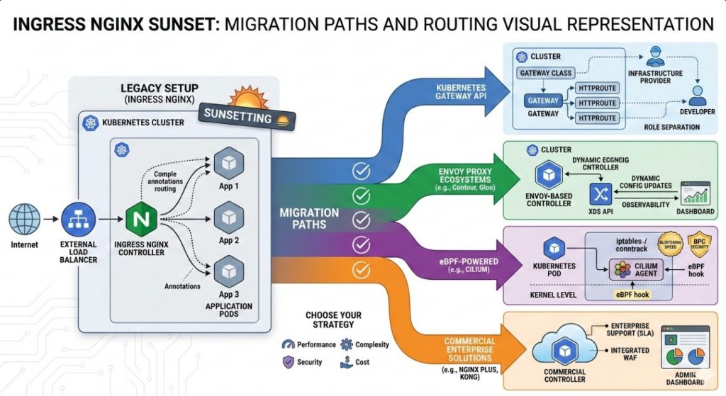 Ingress NGINX Sunset Migration paths and routing visual representation