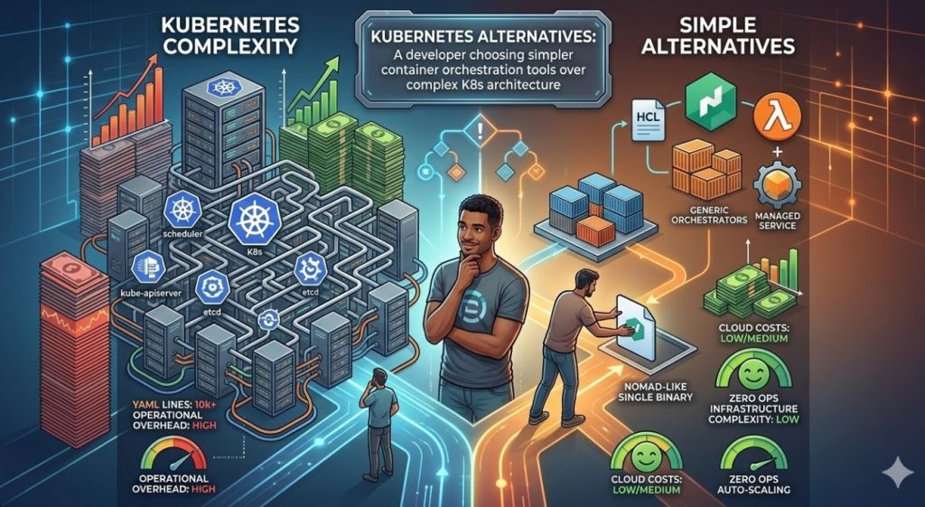 Kubernetes Alternatives: A developer choosing simpler container orchestration tools over complex K8s architecture