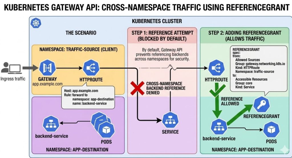 Kubernetes Gateway API A visual diagram of ReferenceGrant allowing cross-namespace traffic