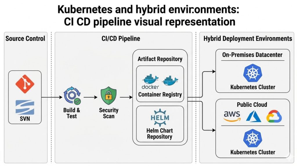 Kubernetes and hybrid environments CI CD pipeline visual representation