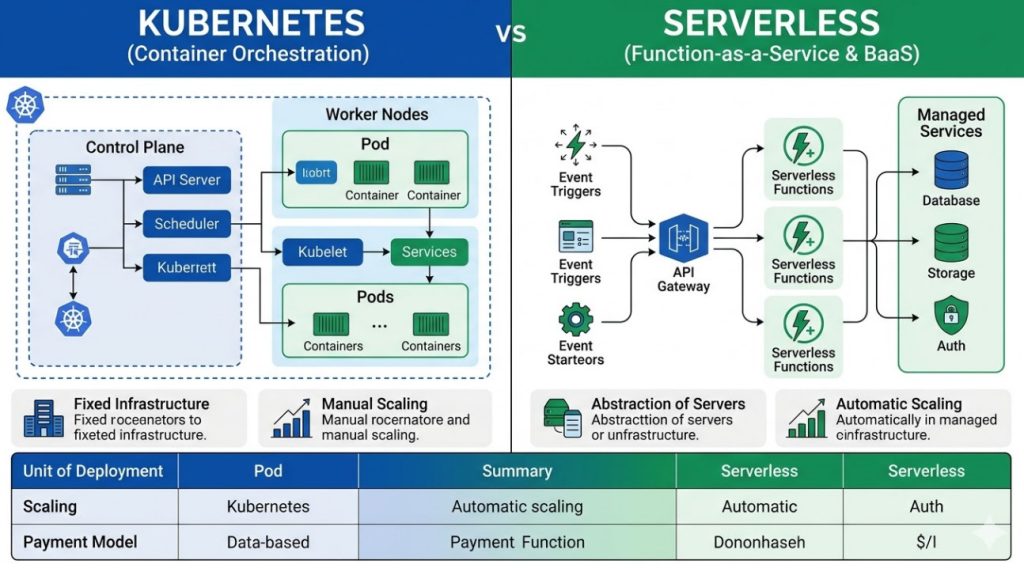 Kubernetes vs Serverless Architecture comparison diagram