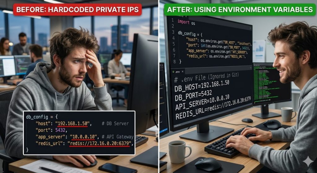 hardcoded private IPs Fixing code with environment variables