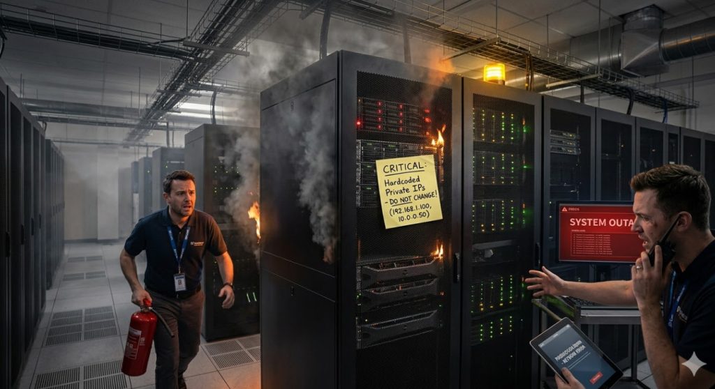 hardcoded private IPs Server rack on fire representing a production outage