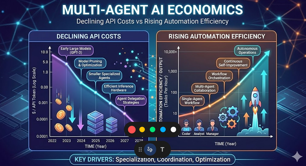 multi-agent AI economics Chart showing declining API costs and rising automation efficiency