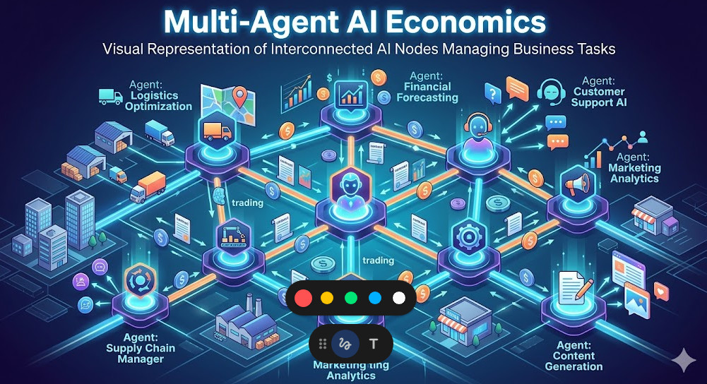multi-agent AI economics Visual representation of interconnected AI nodes managing business tasksv