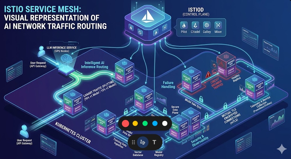 Istio service mesh Visual representation of AI network traffic routing