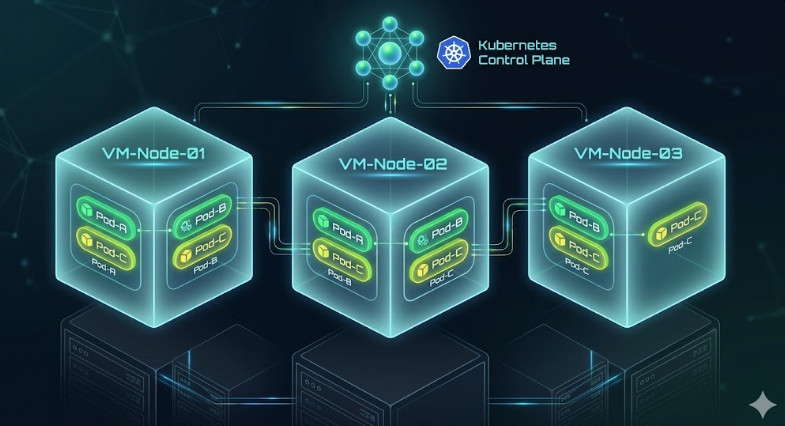Kubernetes VM Infrastructure Abstract visualization of pods running inside virtual machines