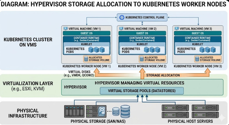 Kubernetes VM Infrastructure Diagram showing hypervisor allocating storage to worker nodes