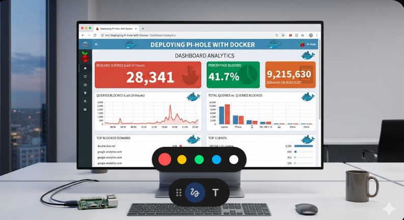 deploy Pi-Hole with Docker Dashboard analytics showing blocked queries