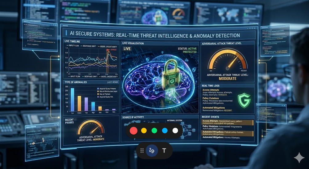 secure AI systems A dashboard showing real-time monitoring and anomaly detection metrics